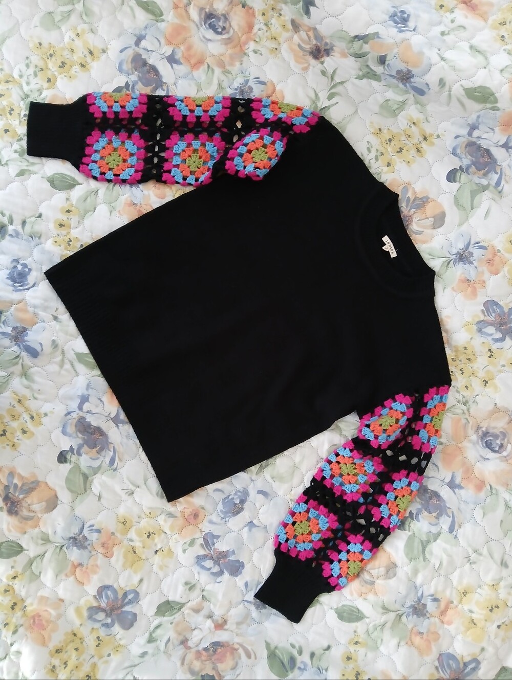Womens Black Sweater with Colorful Crochet Sleeves - Small